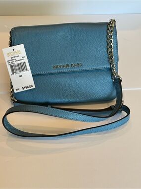 Michael Kors Dusty Blue Pebbled Leather Chain-Accent Crossbody